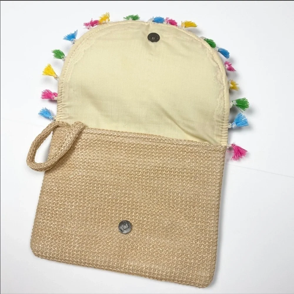 Colorful tassel and pom pom wristlet purse clutch